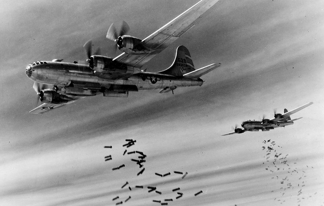 B-29s of the 468th Bombardment Group attack Rangoon Burma in 1945. (US Air Force)